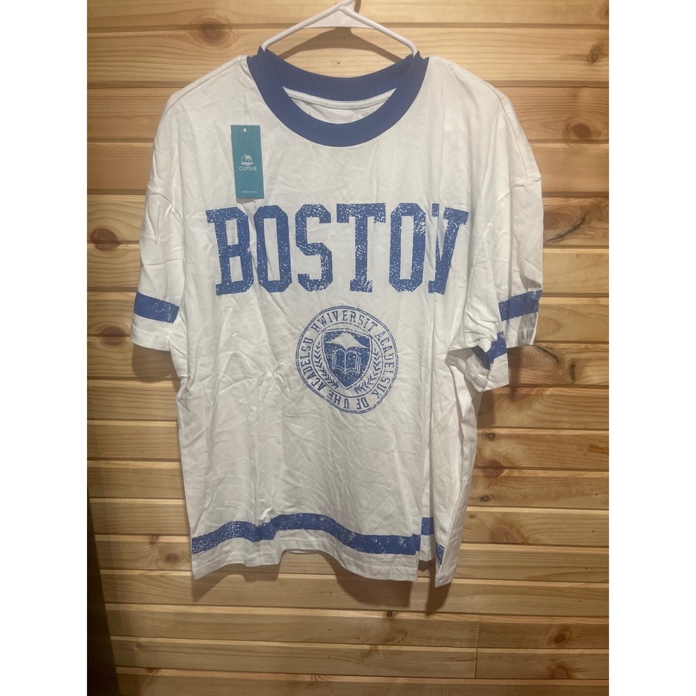 Cupshe Boston University Graphic Ringer Tee White Blue CAA04C4E013CT Mens L NEW
